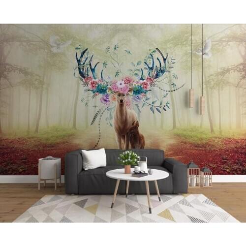 Custom large Nordic fantasy forest elk TV background wall 3D mural wallpaper