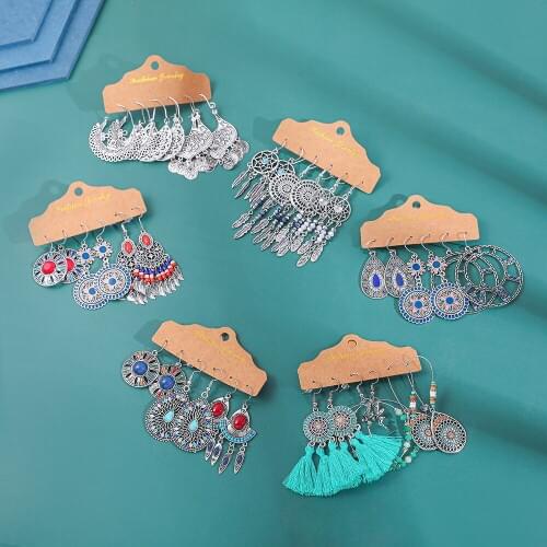 Boho Vintage Multicolor Beads Stone Earrings Set for Women Bohemian Ethnic Feather Tassel Drop Earrings Fashion Jewelry 2020