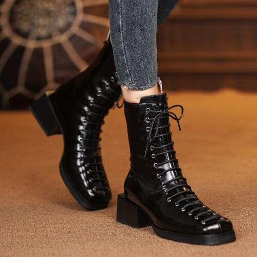 QZYERAI Fashion Woman Ankle Boots High Quality Genuine Leather Handmade Autumn Winter Boots Cross-Tied High Heels Boots Woman