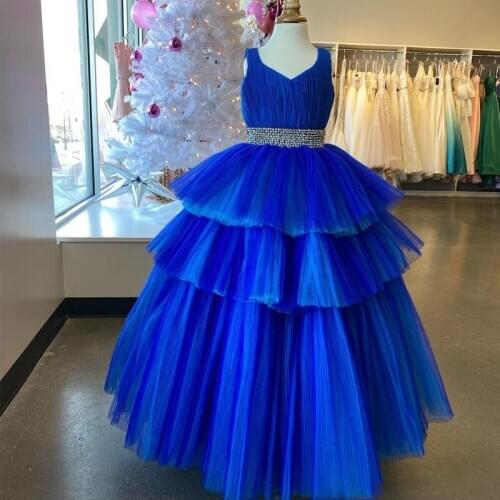 Blue Ruffles Tier Skirt Flower Girls Dresses V Neck Ball Gown Crystal Belt Kids Communion Dress 2021