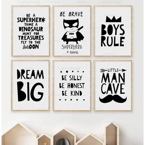 Nordic Canvas Painting Crown Big Dream Quote Wall Art Painting Black White Posters and Prints Wall Pictures Boy Kids Room Decor