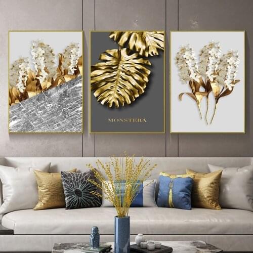 3 Pieces Modern Golden Leaf Poster Luxury Flower Wall Art Nordic Print Wall Pictures for Living Room Canvas Painting Decoration