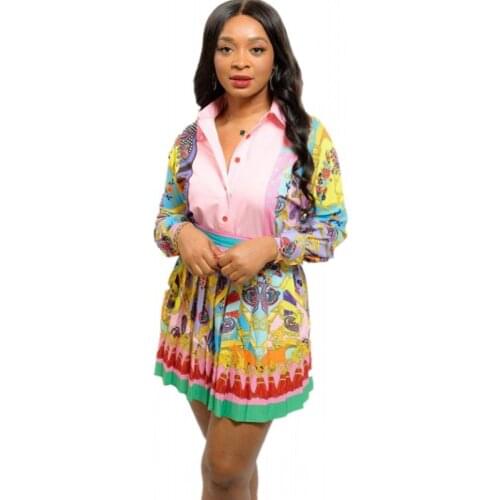 Two Piece Skirts Sets Women Turn Down Collar Full Sleeve Shirt Top Outfits 2021 New Print Fashion Streetwear Pleated Skirt Suits