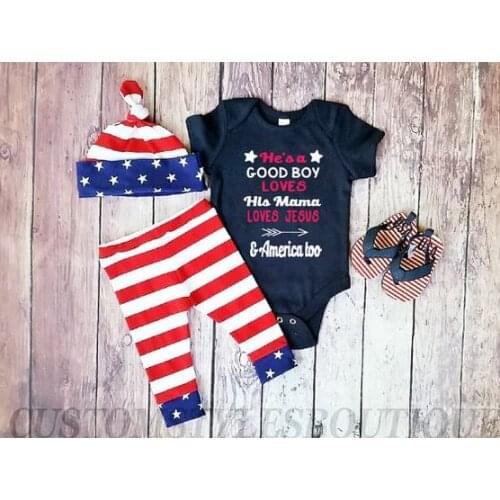 2021 Baby Boys 4th of July Outfits, Short Sleeve Letter Print Romper + Striped Pants + Hat Set