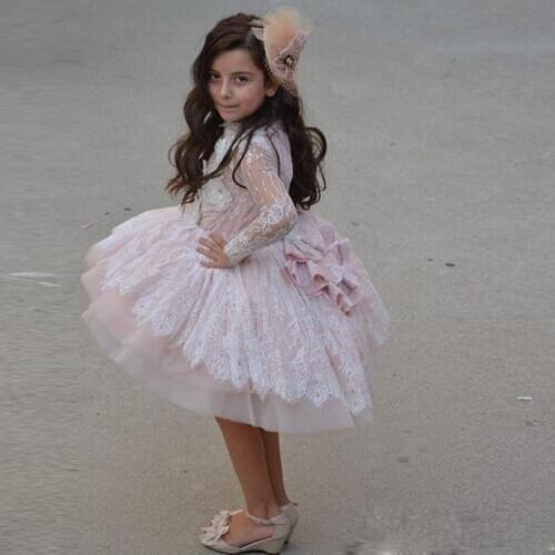 Tea Length Flower Girls Dress For Wedding Lace Appliques 3D Floral Long Sleeves Puffy Skirt Tiered Little Girls For Sales