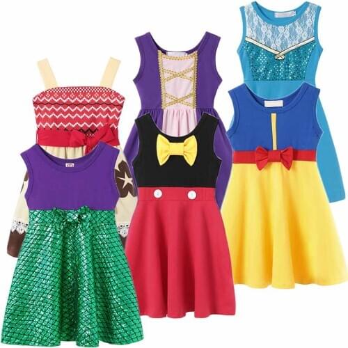 Girls Summer A Line Dress Cotton Clothing Toddler Mickey Snow White Moana Princess Dress up Frocks Children Birthday Party Robes
