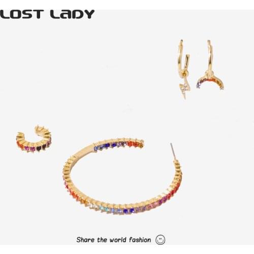 Lost Lady 4Pcs/Lot Crystal Hoop Earrings Trendy Lightning Shpae Drop Earrings Small Round Clip Earrings Party Jewelry Wholesale
