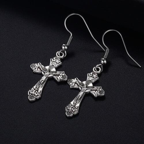 Trendy Vintage Cross Shape Antique Silver Plated Punk Hiphop Rock Style Retro Drop Earrings for Women Girl & Man Party Jewelry