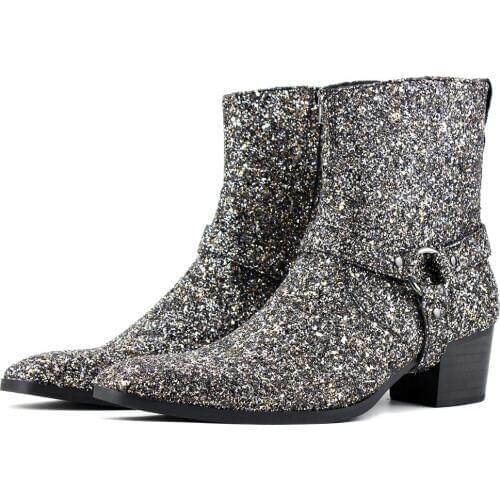 Mens Boots Chukka Designer Boots Glitter Boots Men Ankle Zipper Boots Chelsea Boots heel boots silver belt Dress Boots footwear