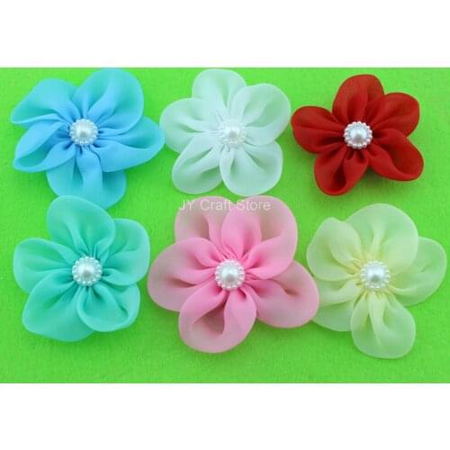 Set of 50pcs White,Beige,Blue,Red and Pink Color Bridal silk flowers with pearl flower center, silk organza flowers FZ0018