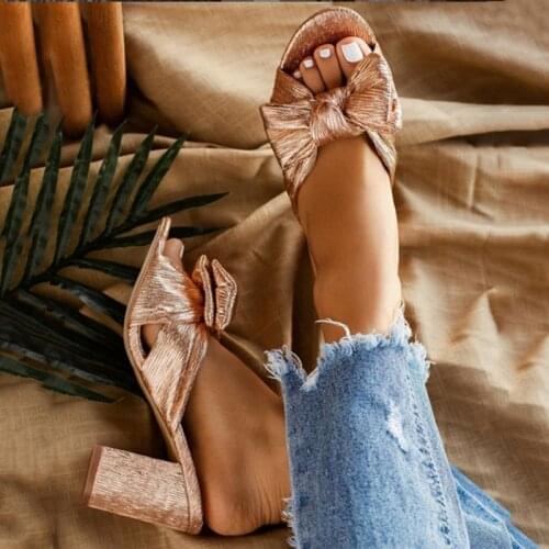 2021 New Sweet bowtie gold slipper women shoes summer high heels mules slides female peep toe block heel slippers women size