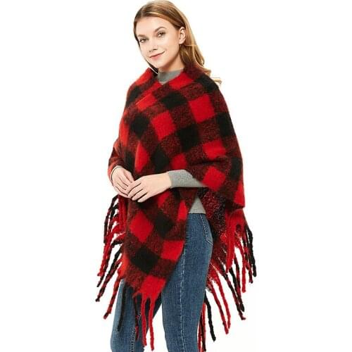 New fashion autumn winter womens fashion tassel plaid shawl warm thick large size work style loose high quality cute poncho