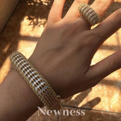 Newness Fashion Luxury Super Flowers Cubic Zirconia Women Brand Bijoux Fashion Bangle Ring Sets Party