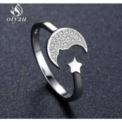 Oly2u Boho Adjustable Finger Rings Moon & Star Crystal Open Rings For Women Wedding Engagement Jewelry Christmas Gift