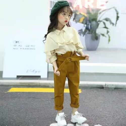 Autumn 2019 Girls Clothing Set Leisure Suits Blouse+Pant With Belt Outfits For 2 Colors Girls Clothes Sets Age For 6 8 10 Yrs