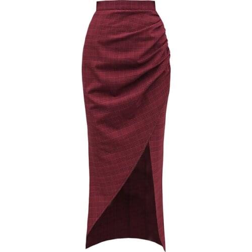 PERHAPS U Woemn Elegant Sexy Cotton Red Plaid Asymmetrical Irregular Split High-Waist Mid Calf Skirt S3008