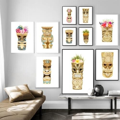 Tiki Tribal Style Prints Hawaii Tropical Flowers Poster Tropical Watercolor Canvas Painting Diy luau Party Living Room Decor