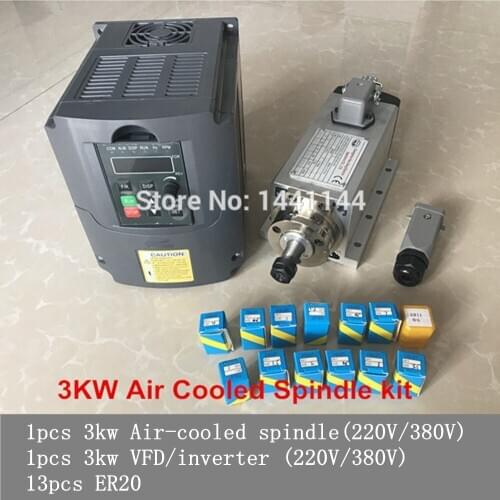 Air Cooled Spindle 3KW 220V/380V Motor CNC Router Tools VFD Inverter 13pcs ER20 Collet Chuck For Millin Machine