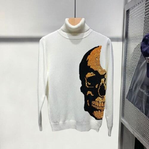 XL Black Turtleneck Sweater Mens Hot Sale Design Sweatshirt Luxury Quality Oversized Gold Skull Pullover