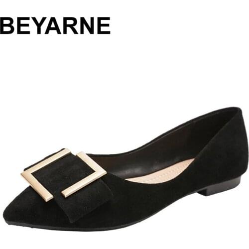 BEYARNEplus casual pointed toe flat shoes woman autumn metal buckle bow soft sole shallow flock loafers comfy breathable eggroll
