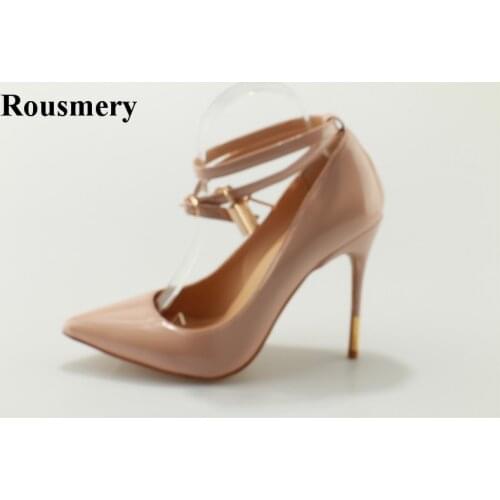 Women Sexy Design Pointed Toe Nude Patent Leather Lock Pumps Ankle Two Straps Stiletto Heel Thin High Heels Formal Dress Shoes