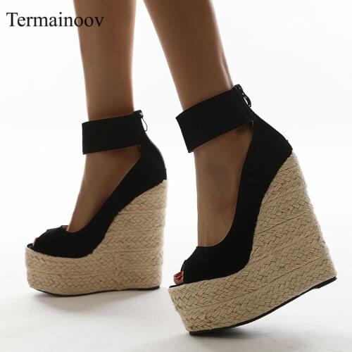 Termainoov Women Sandals High Heels Peep Toe Wedges High Heels Flock Platform Sandal Big Size 42 Summer Shoes Fashion Sandalias