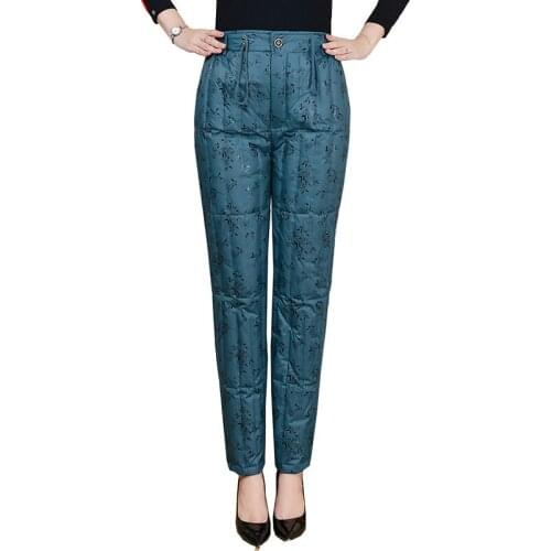 Women mother white duck down padded pants Plus size loose winter warm liner pant new fashion Female flower long trousers OK1001