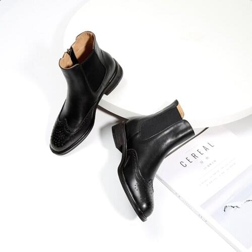 GUIDIBASIC Genuine Cow Leather Chelsea Short Boots Womens Flat Ankle Boots Round Toe Thick Heel Platform Boots