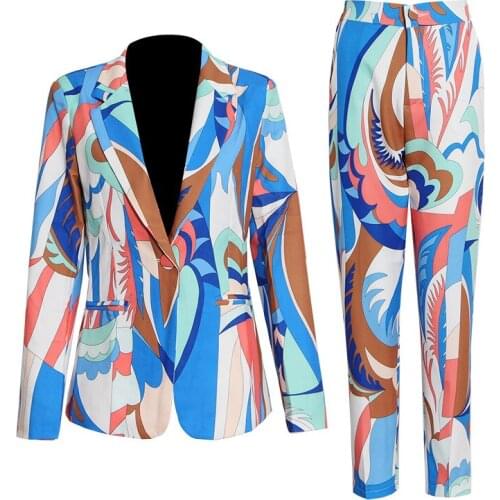 Spring and Autumn Abstract Pattern Blazer Suit For Women 2 Piece Sets Singel Breasted Blazer and Long Pants