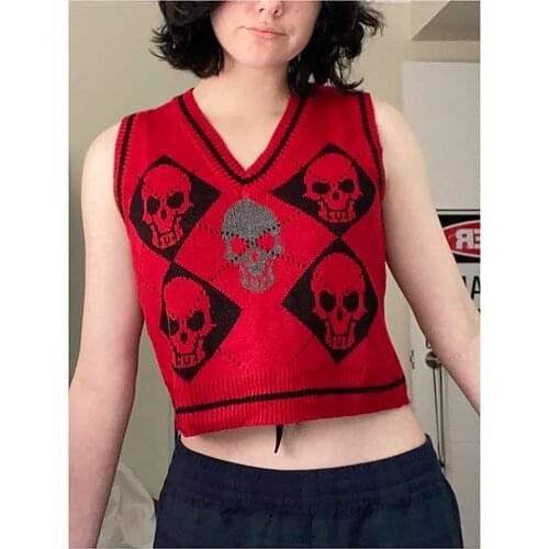 2021 Women Y2K Sweater Vest Argyle Skull Pattern Knit Sweater Vest Loose V Neck Sleeveless Gothic Cropped Tank Top Pullover