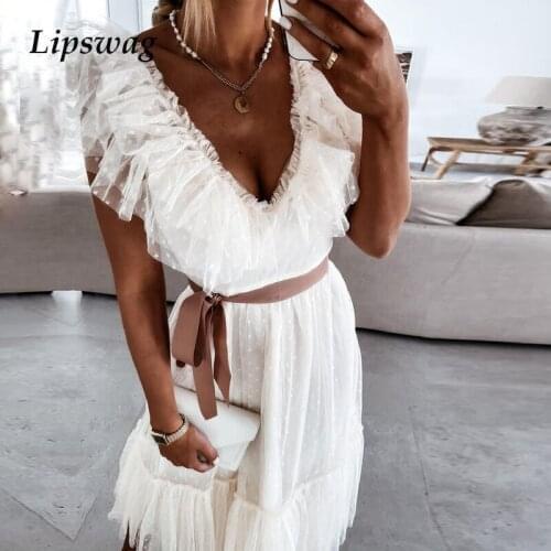 Women Elegant Butterfly Sleeve Summer Dress Ladies Tie-up Belt Lace Ruffle Party Dress Sexy V-Neck Mesh Sheer Beach Long Dress