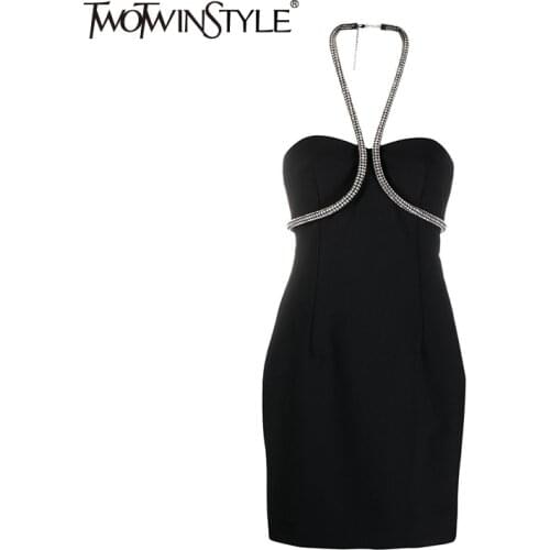 TWOTWINSTYLE Patchwork Sexy Dress For Women Halter Sleeveless High Waist Elegant Mini Dresses Females Summer Clothing 2021 Style