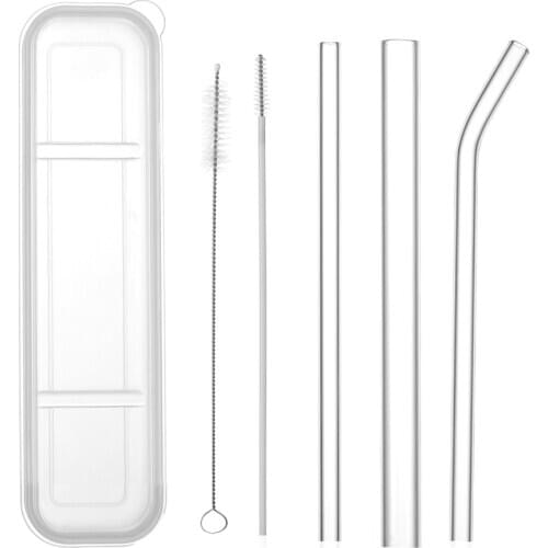 1 Set Reusable Transparent Glass Straight Bent Drinking Straws with Clean Brush & Plastic Box Wedding Party Supply