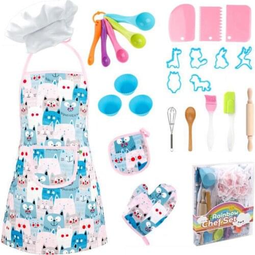 26PCS Kids Cooking And Baking Set DIY Dress Up Chef Costume Childrens Chef Apron Cooking Baking Kitchen Girl Role Playing Toy