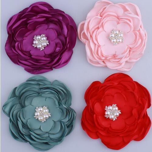 50PCS 9.2CM New Satin Fabric Burned Flowers With Rhinestone Pearl For Hair Accessories Chiffon Flower For Headbands Clothes