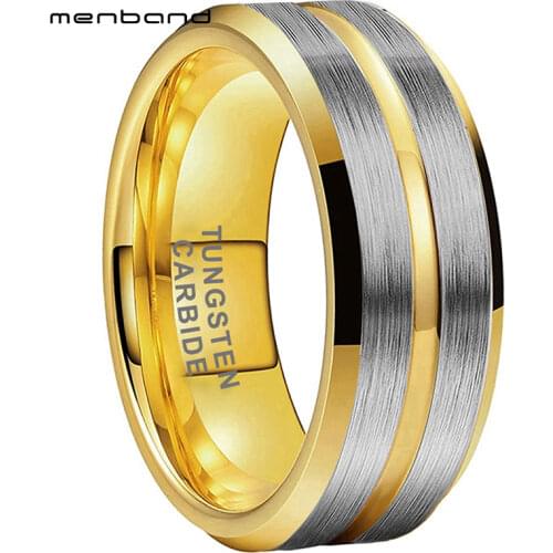 8MM Tungsten Ring Yellow Gold Ring For Men And Women With Center Grooved Bevel Edges Comfort Fit