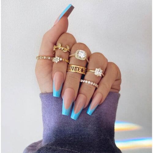 ALYXUY Fashion Pretty 7PCS/SET Sweet Gold Crystal Ring Set Popular Wedding Design Rose Flower Leaf Finger Ring Jewelry Gift