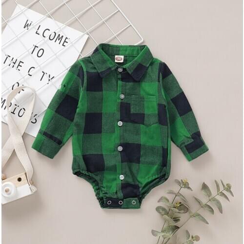 Newborn Baby Girl Boy Long Sleeve Plaid Bodysuit Clothes Cotton Romper Jumpsuit Turndown Collar Single Breasted Outfits