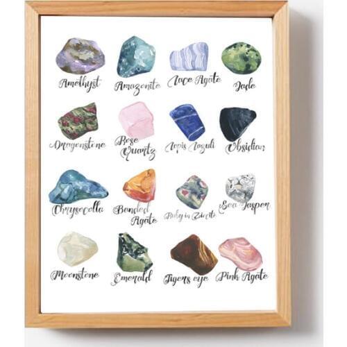 Gemstones Minerals Wall Art Print , Crystals Watercolor Semi Stones Geology Decor Gems Science illustration Painting