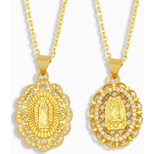 FLOLA Gold Plated Oval Virgin Mary Necklace For Women CZ Pendant Necklace Chain Catholic Jewelry virgen de guadalupe nkev17