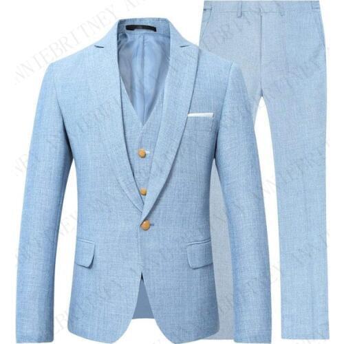 ANNIEBRITNEY Latest Coat Pant Design Man Suit for Wedding Classic Light Blue Jacket White Pants Set Custom Slim Fit Linen Tuxedo