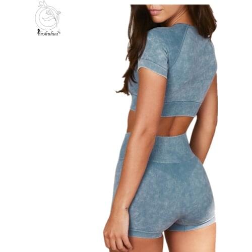 Yushuhua Yoga Clothing Suit Summer Shorts Short Sleeve Suit Sand Washed Imitation Denim Fitness Suit Womens Sportswear 2 Pieces