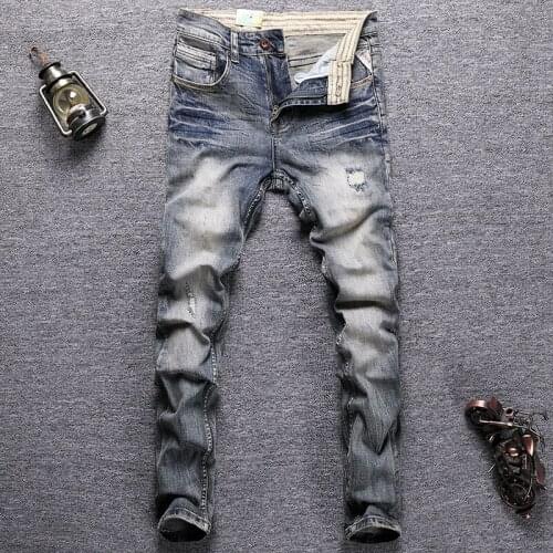 Italian Style Fashion Men Jeans Retro Blue Elastic Slim Fit Ripped Jeans Men Distressed Patchwork Designer Vintage Denim Pants