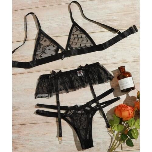 New Lace Crochet Sexy Embroidery Gauze Lingerie Transparent Hot Porno Lace Erotic Underwear Sexy Bra Set And Garter Lingerie