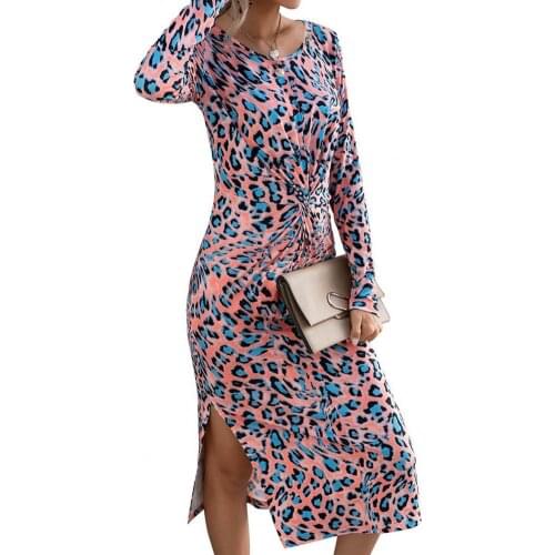 New spring autumn dress Fashion Female Sexy Leopard Long Sleeve O Neck Split Hem Tie Waist Midi dresses for women party