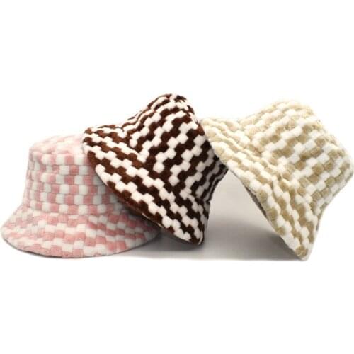 Wholesale bucket hat new winter basin hat lattice plush trend female thickened fisherman hat autumn and winter кепка женская