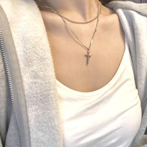 Trendy Gold Silver Color Double Layer Clavicle Chain Ladies Necklaces Punk Simple Cross Pendant Necklace For Women Jewelry kolye