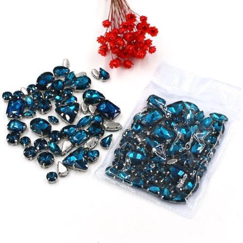 Sell at a loss! 50pcs/bag high quality mixed shape peacock blue glass crystal sew on claw rhinestonesdiy clothing accessories