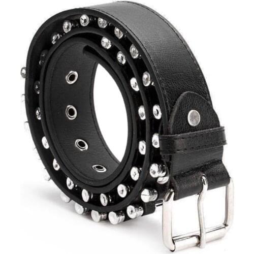 Fashion Ladies Men Punk Imitation Leather Belt Hollow Rivet Wild Waistband D08E