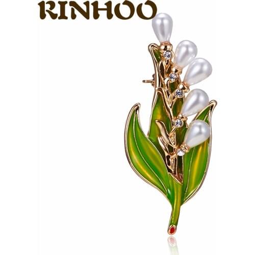 RINHOO White Pearl Floral Green Leaf Brooch Trendy Alloy Enamel Lily Valley Gold Color Brooch Pin Boho Jewelry For Women